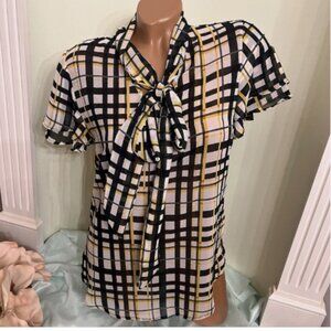 7th Avenue. Size Small Chiffon. Short Sleeve Blouse. Tie. Plaid. Poly. B125